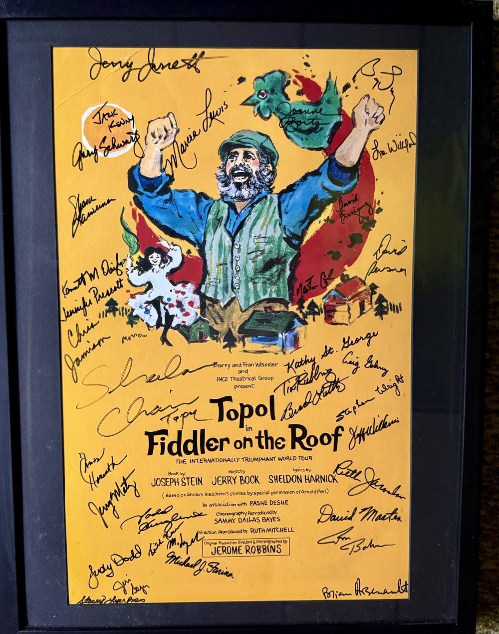 Topol Fiddler on the Roof Cast Signed Tour Window Card Poster Framed 90s Revival
